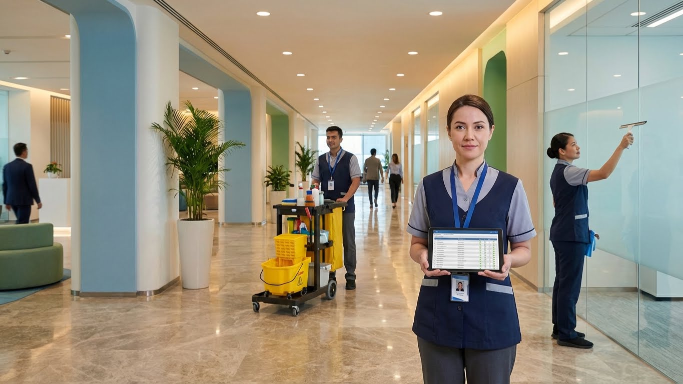 Equipo de facility management usando tablets para control de servicios