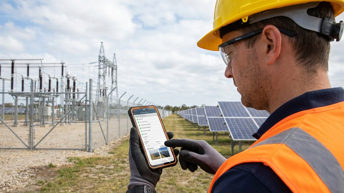 Técnico en instalación solar utilizando app móvil para registro de operaciones