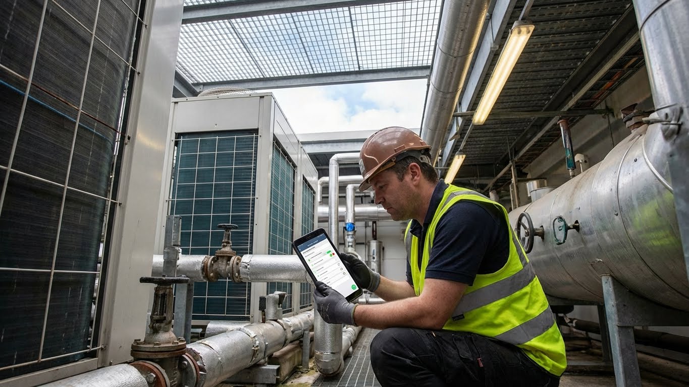 Técnico de campo utilizando tablet para control de rutas y operaciones