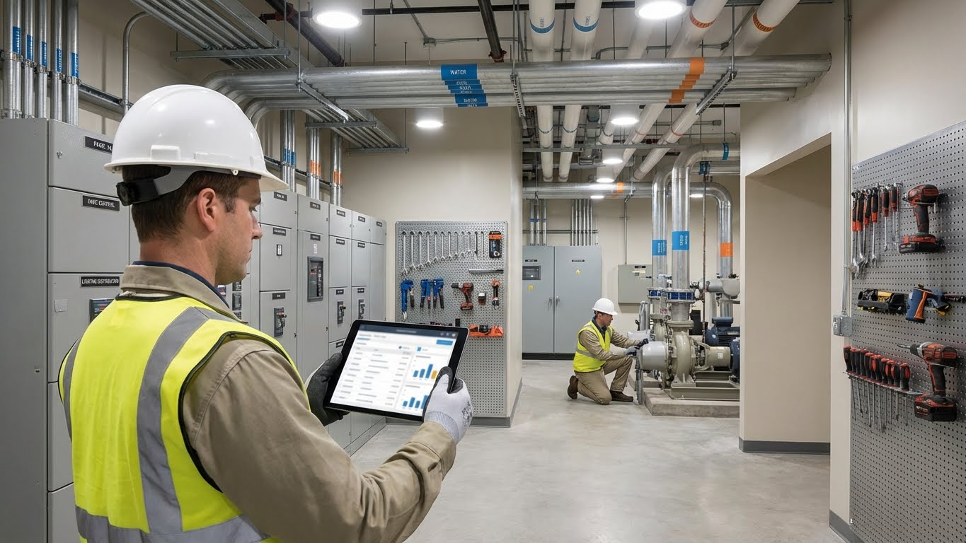 Equipo técnico monitoreando operaciones con tablet y dashboard